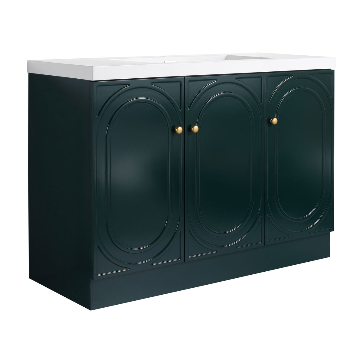 HouseOfZazla freestanding vanity with resin sink; dark green cabinet doors, white countertop on Tampa Home & Garden Store