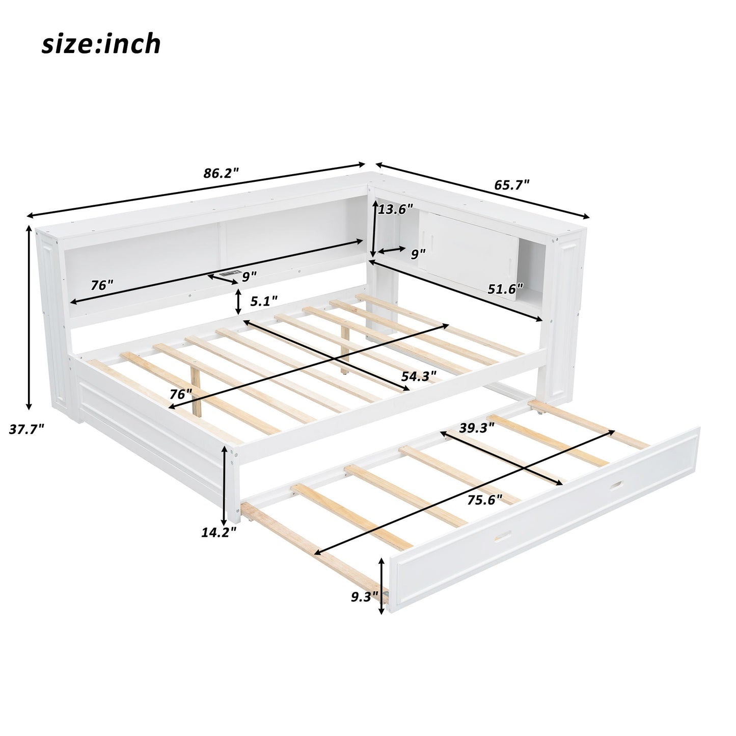 Daybed with storage shelves, LED, USB, and trundle by HouseOfZazla, white finish on Tampa Home & Garden Store