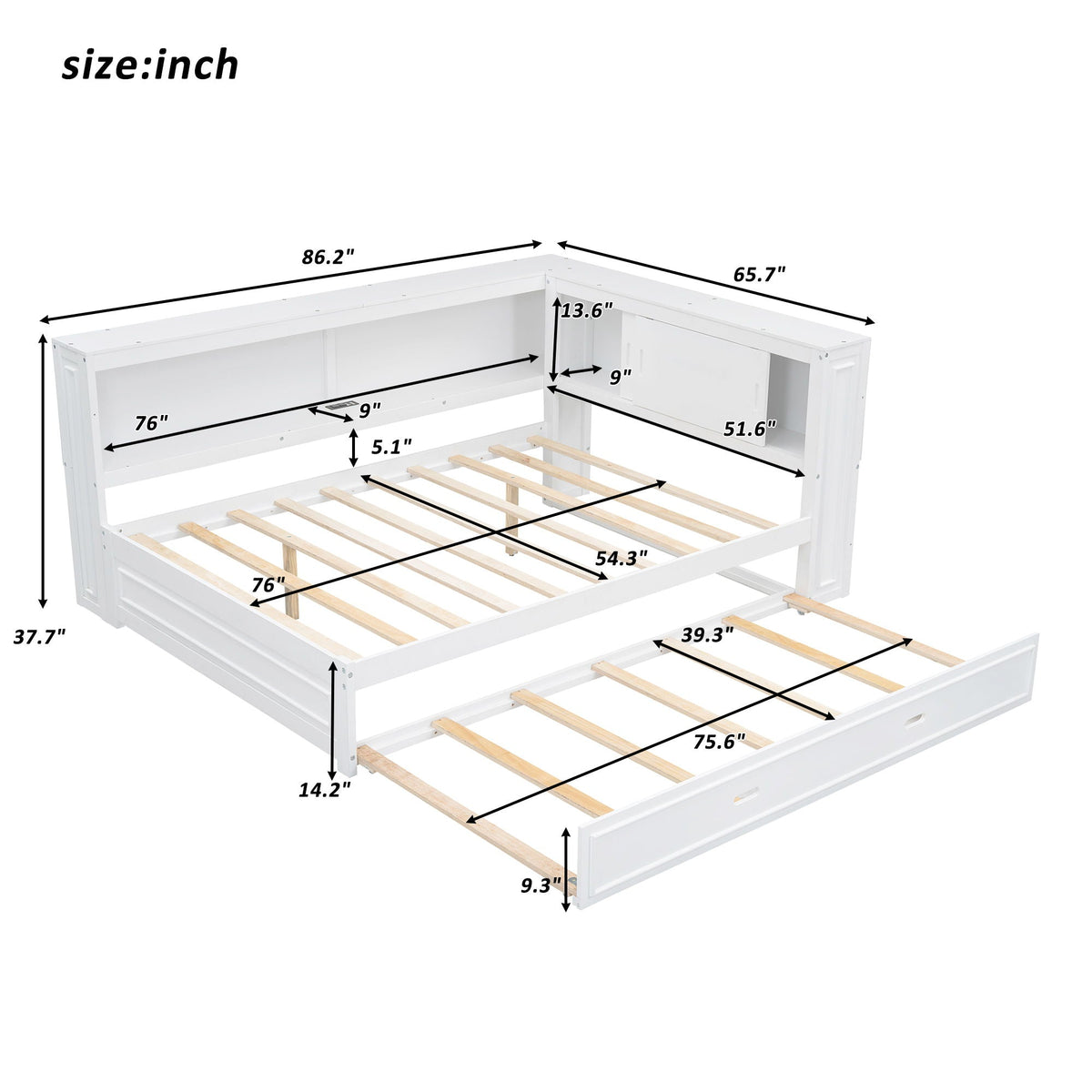 Daybed with storage shelves, LED, USB, and trundle by HouseOfZazla, white finish on Tampa Home & Garden Store