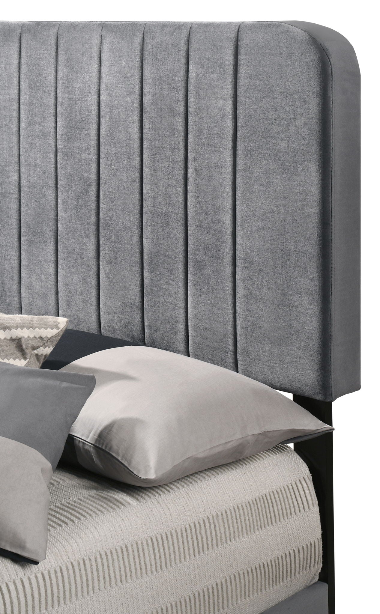 Channel Tufted Bed headboard in grey velvet upholstery with vertical channels on Tampa Home & Garden Store