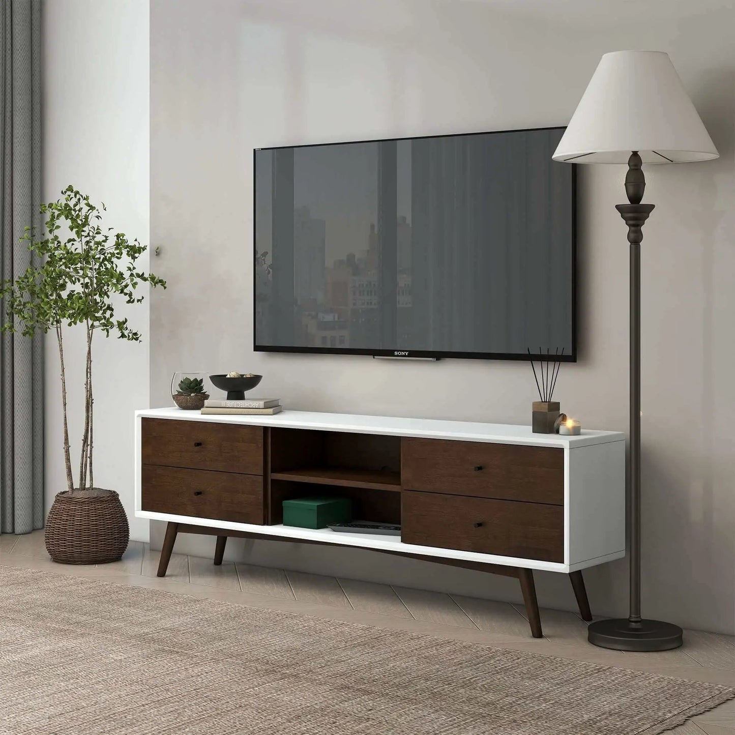 Caroline Modern TV Stand 72in white with walnut drawers by Unique Piece Furniture Sony TV on Tampa Home & Garden Store