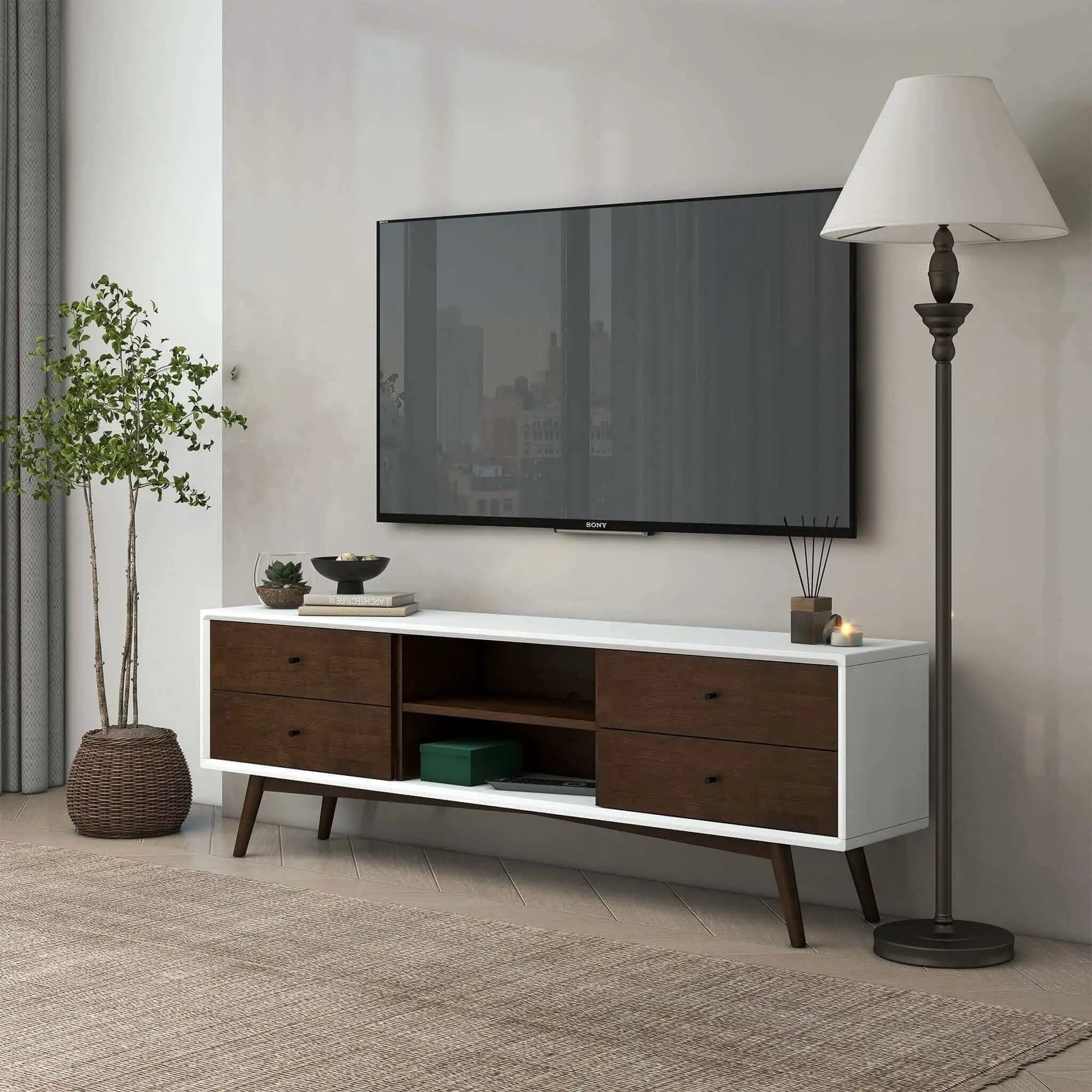 Caroline Modern TV Stand 72in white with walnut drawers by Unique Piece Furniture Sony TV on Tampa Home & Garden Store