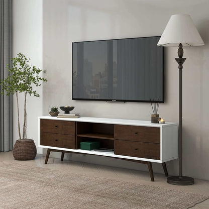 HouseOfZazla TV stand up to 72 inches with white frame and dark brown wood drawers on mid-century legs on Tampa Home & Garden Store