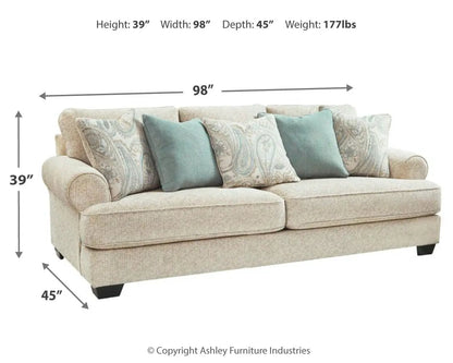 Monaghan Sandstone sofa, beige textured fabric with teal cushions by Unique Piece Furniture on Tampa Home & Garden Store