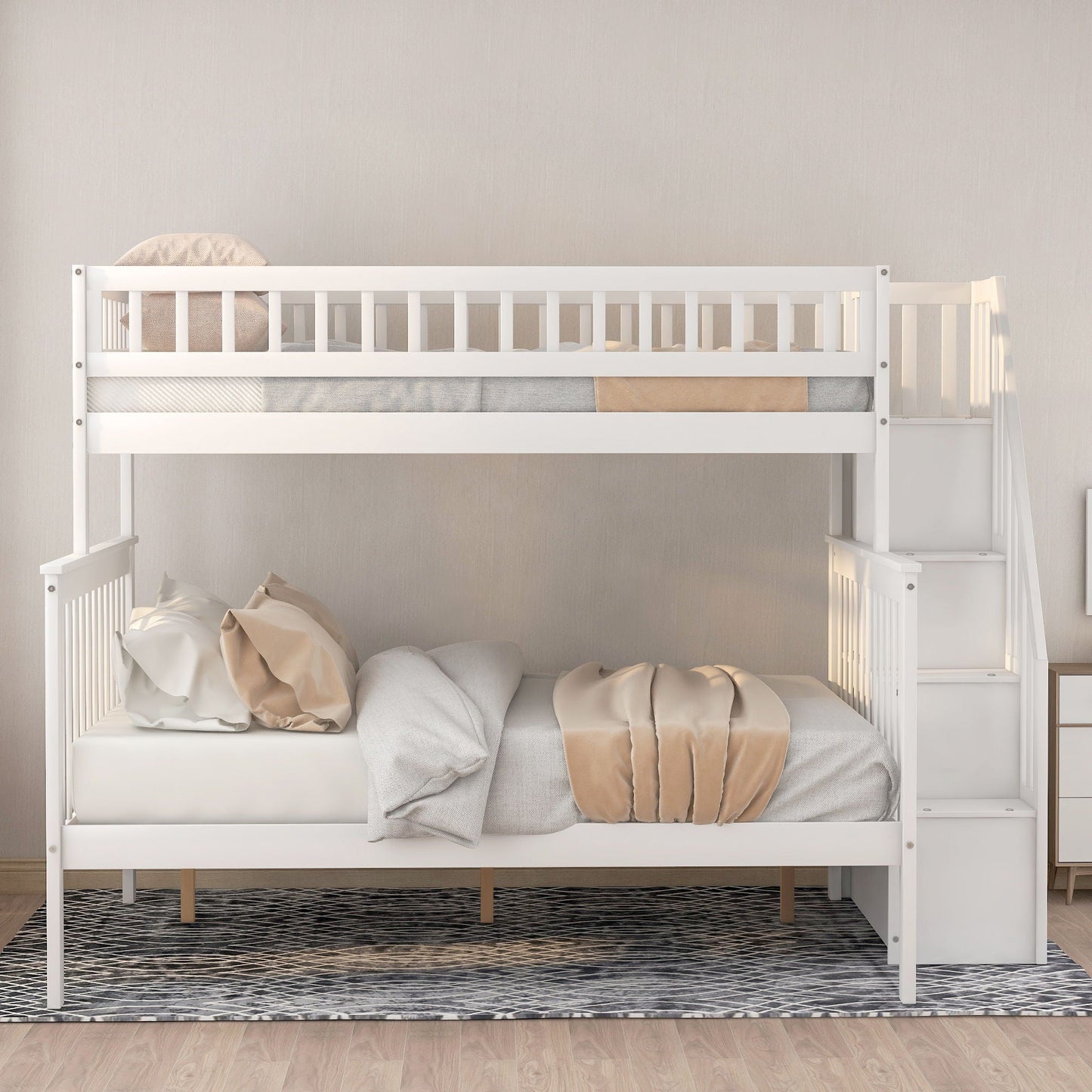 Bunk bed with staircase, white finish by HouseOfZazla, top bunk guard rails and beige bedding on Tampa Home & Garden Store
