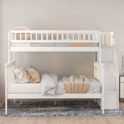 Bunk bed with staircase, white finish by HouseOfZazla, top bunk guard rails and beige bedding on Tampa Home & Garden Store
