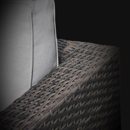 Patio arm chair with gray cushions and woven dark rattan frame Unique Piece Furniture on Tampa Home & Garden Store