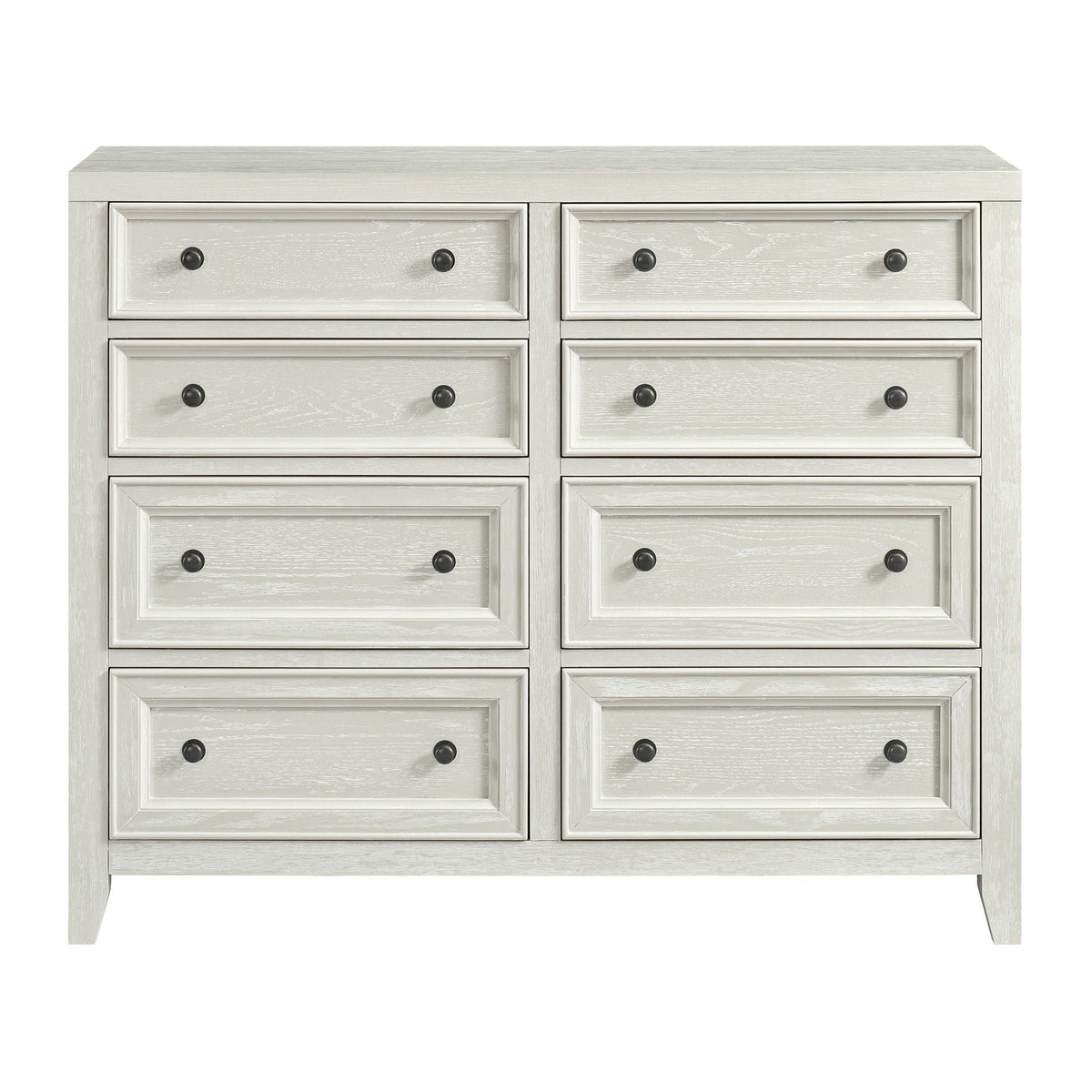 8-drawer dresser with framed fronts in distressed white finish, black metal knobs, HouseOfZazla on Tampa Home & Garden Store