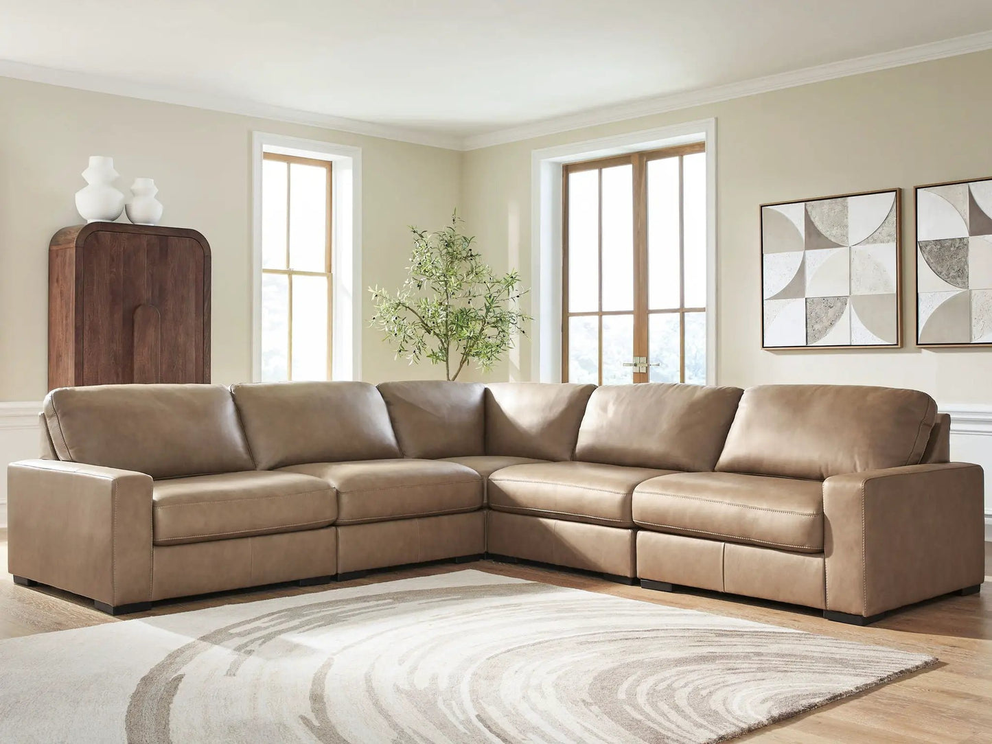 Veronella stationary sectional in tan leather-look upholstery, L-shaped sofa on Tampa Home & Garden Store