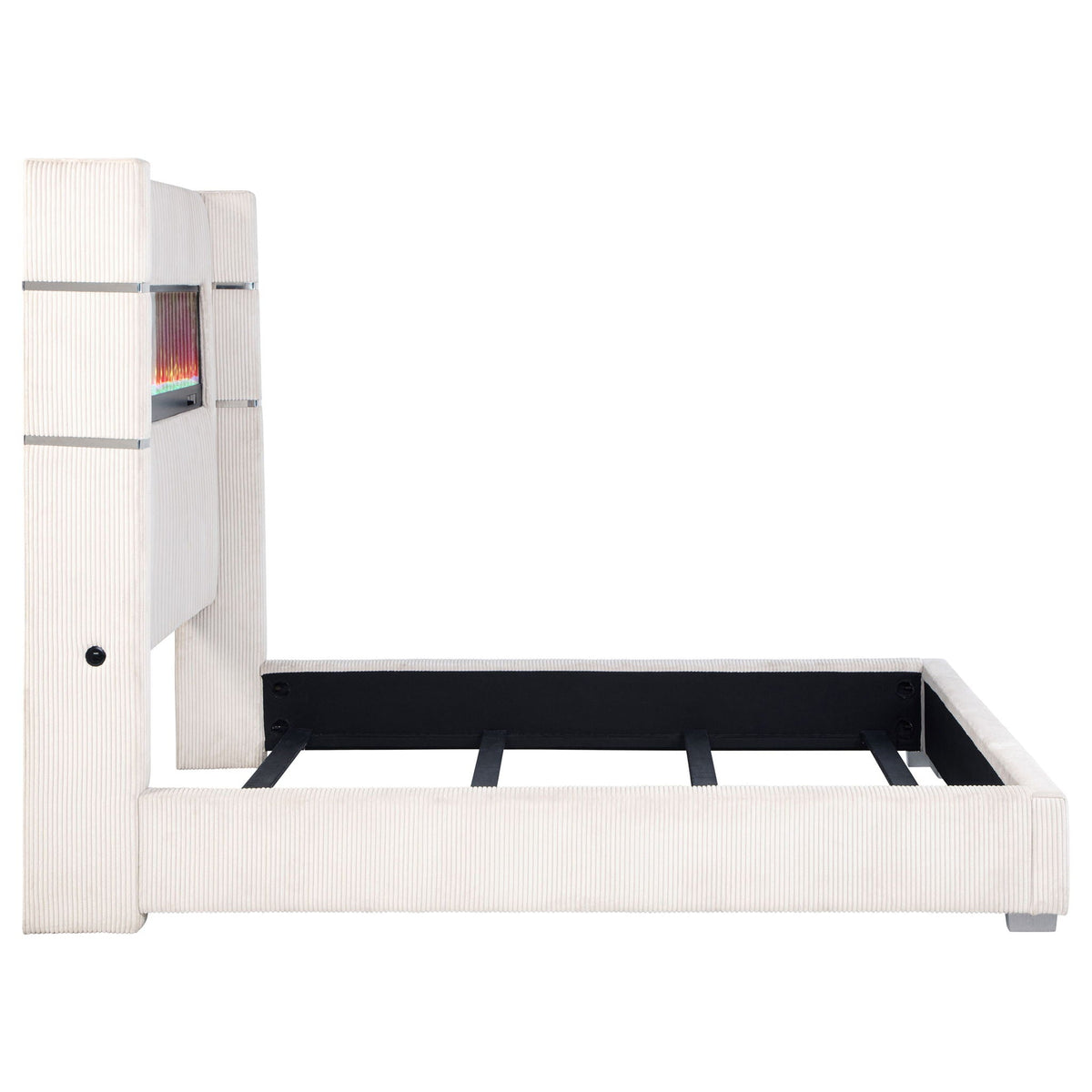 Judah Flame Visualizer Bed in cream corduroy with vertical channels and fireplace display on Tampa Home & Garden Store
