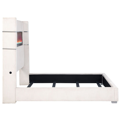 Judah Flame Visualizer Bed in cream corduroy with vertical channels and fireplace display on Tampa Home & Garden Store
