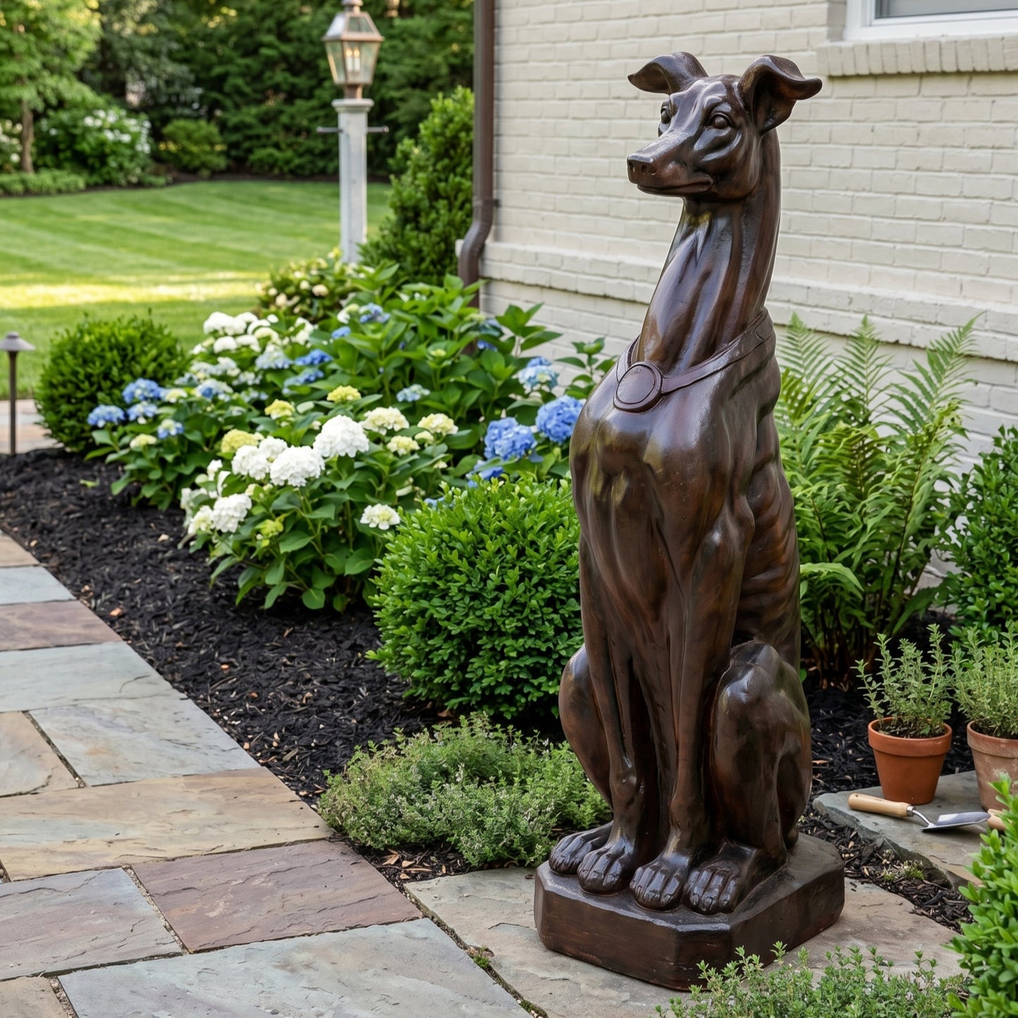 Greyhound Dog Statue bronze sculpture by HouseOfZazla in a garden with hydrangeas on Tampa Home & Garden Store