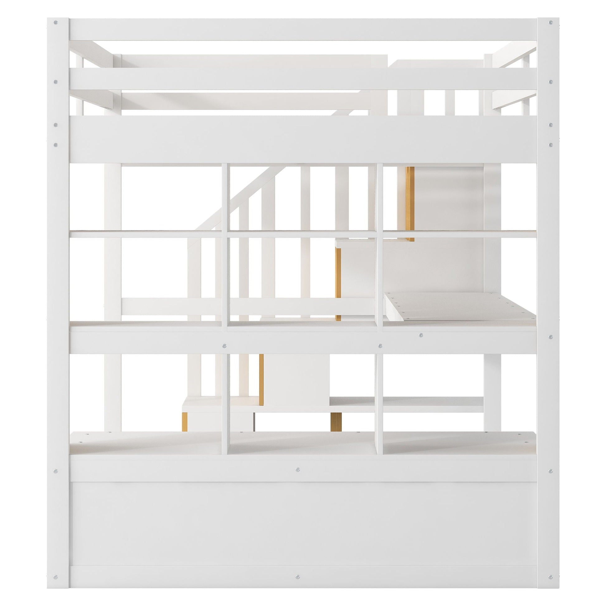 Full-size white loft bed with desk and shelves, storage staircase, 2 built-in drawers on Tampa Home & Garden Store