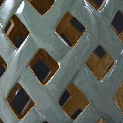 Ceramic garden stool with woven lattice design and teal glaze, Outsunny outdoor side table on Tampa Home & Garden Store