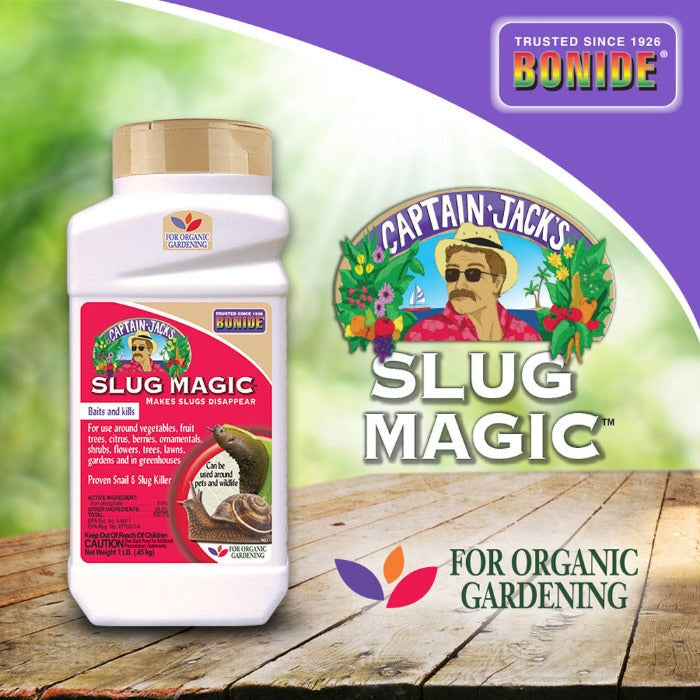 Captain Jack's Slug Magic pellets by Bonide, white bottle with brown cap for organic gardening on Tampa Home & Garden Store