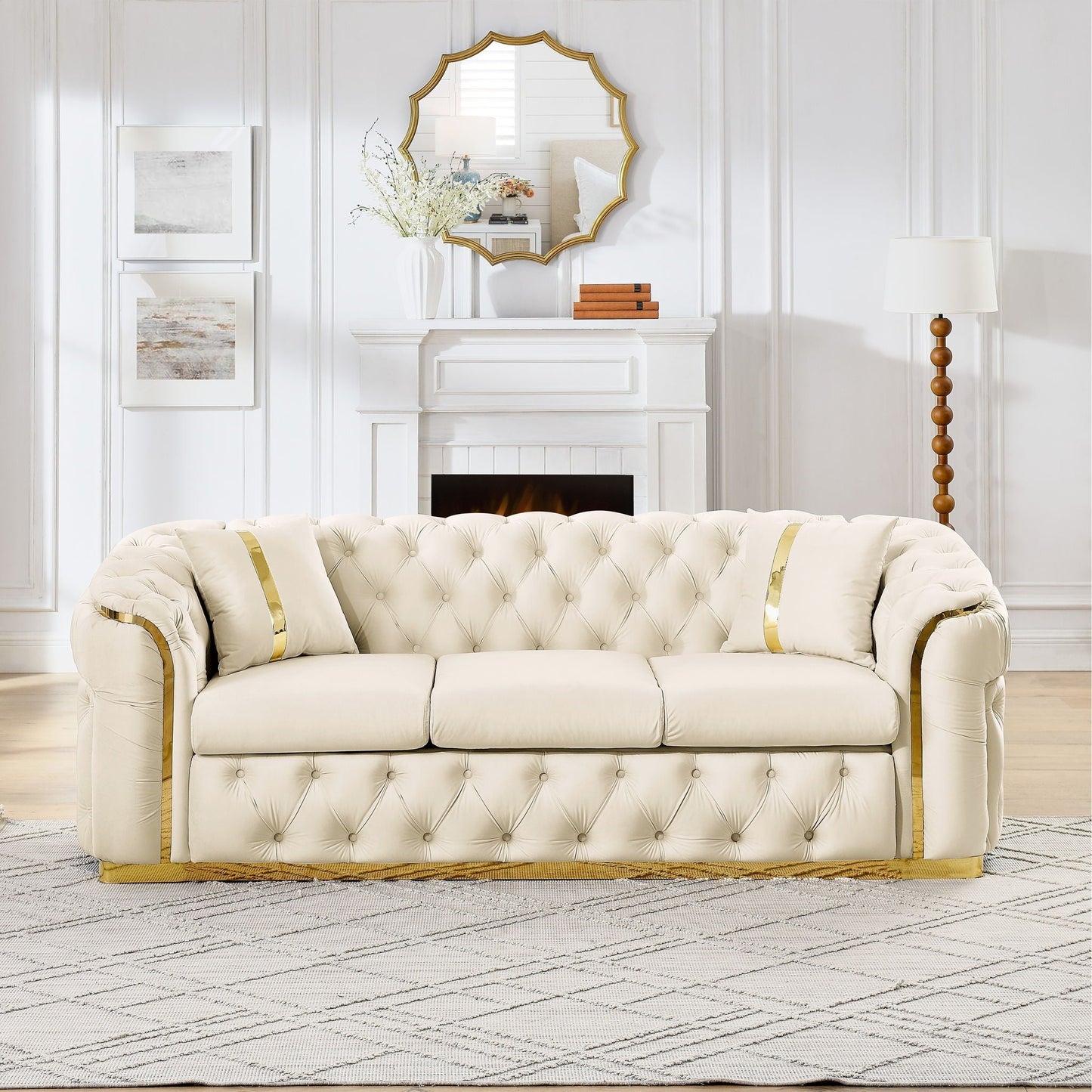 Cream button-tufted 3-seat Chesterfield sofa with gold trim and 2 pillows on Tampa Home & Garden Store