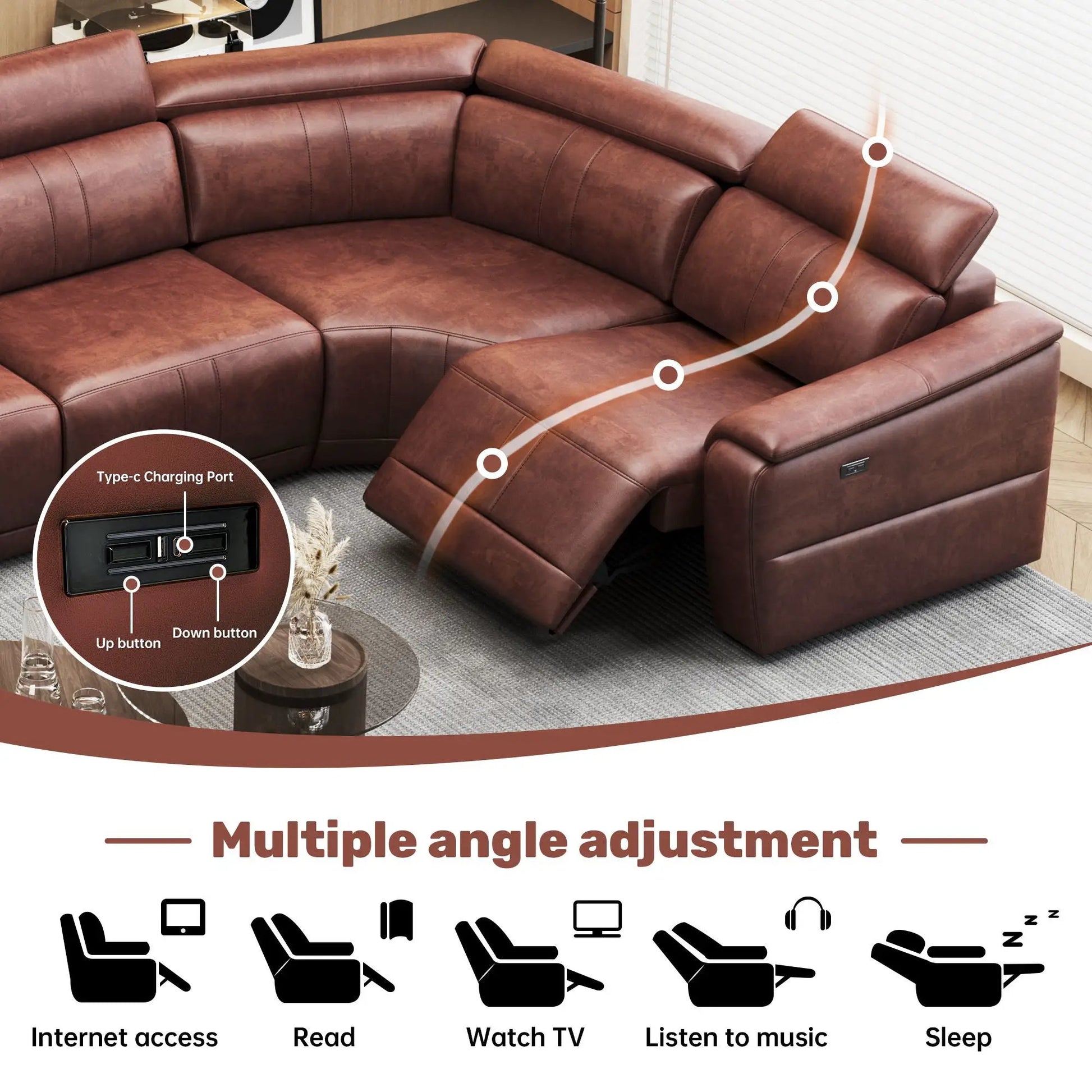 6-piece modular sectional sofa with 2 cup holders and adjustable recliners in dark brown leather on Tampa Home & Garden Store
