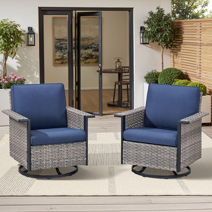 Outdoor Swivel Rocking Chairs by HouseOfZazla, gray wicker with blue cushions, pair on a patio on Tampa Home & Garden Store