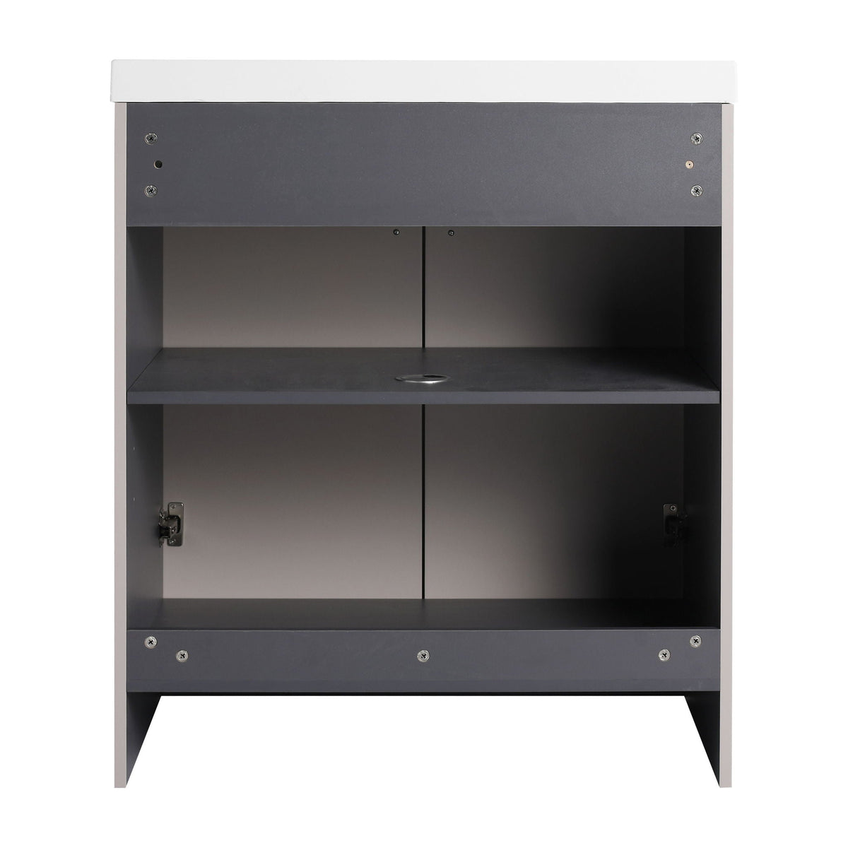 Freestanding Bath Vanity With Resin Sink And Door dark gray cabinet white countertop open shelf on Tampa Home & Garden Store