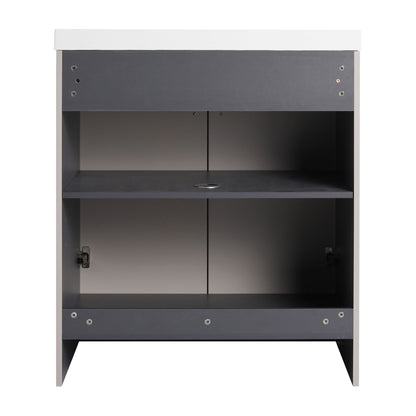 Freestanding Bath Vanity With Resin Sink And Door dark gray cabinet white countertop open shelf on Tampa Home & Garden Store