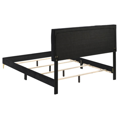 James Panel Bed black upholstered headboard, black metal frame with wood slats HouseOfZazla on Tampa Home & Garden Store