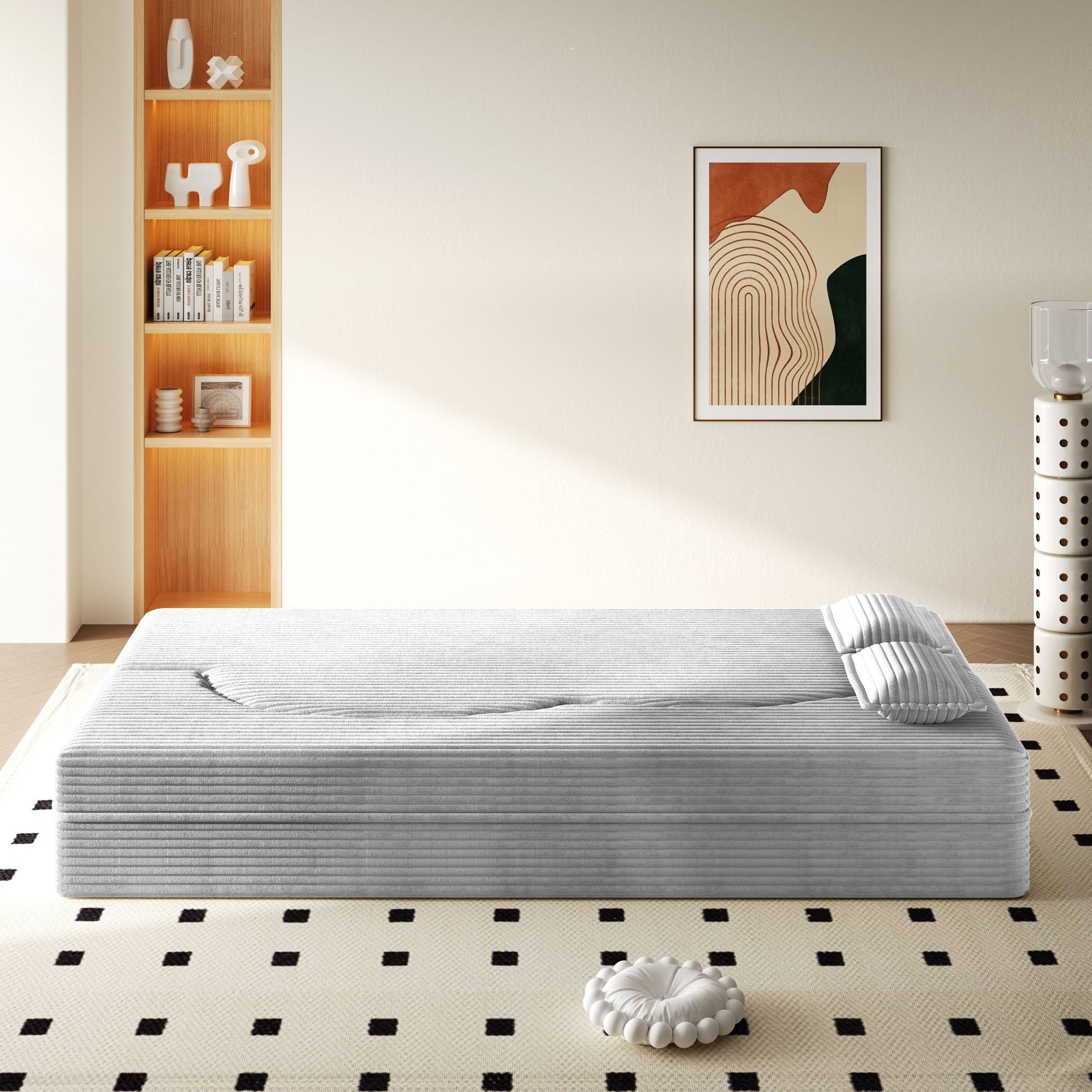Floor sofa with 2 pillows in gray ribbed fabric by HouseOfZazla, convertible twin mattress on Tampa Home & Garden Store