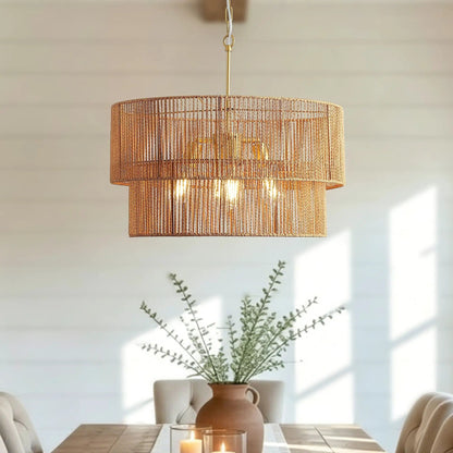 Chandelier 2-tier boho wabi-sabi pendant with gold woven rattan shade hanging on Tampa Home & Garden Store