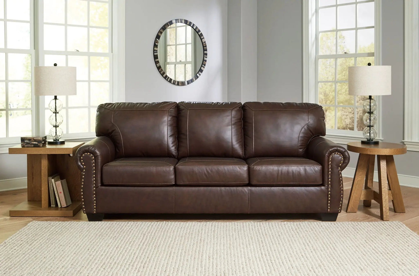 Colleton living room set brown leather stationary sofa with two globe lamps on Tampa Home & Garden Store