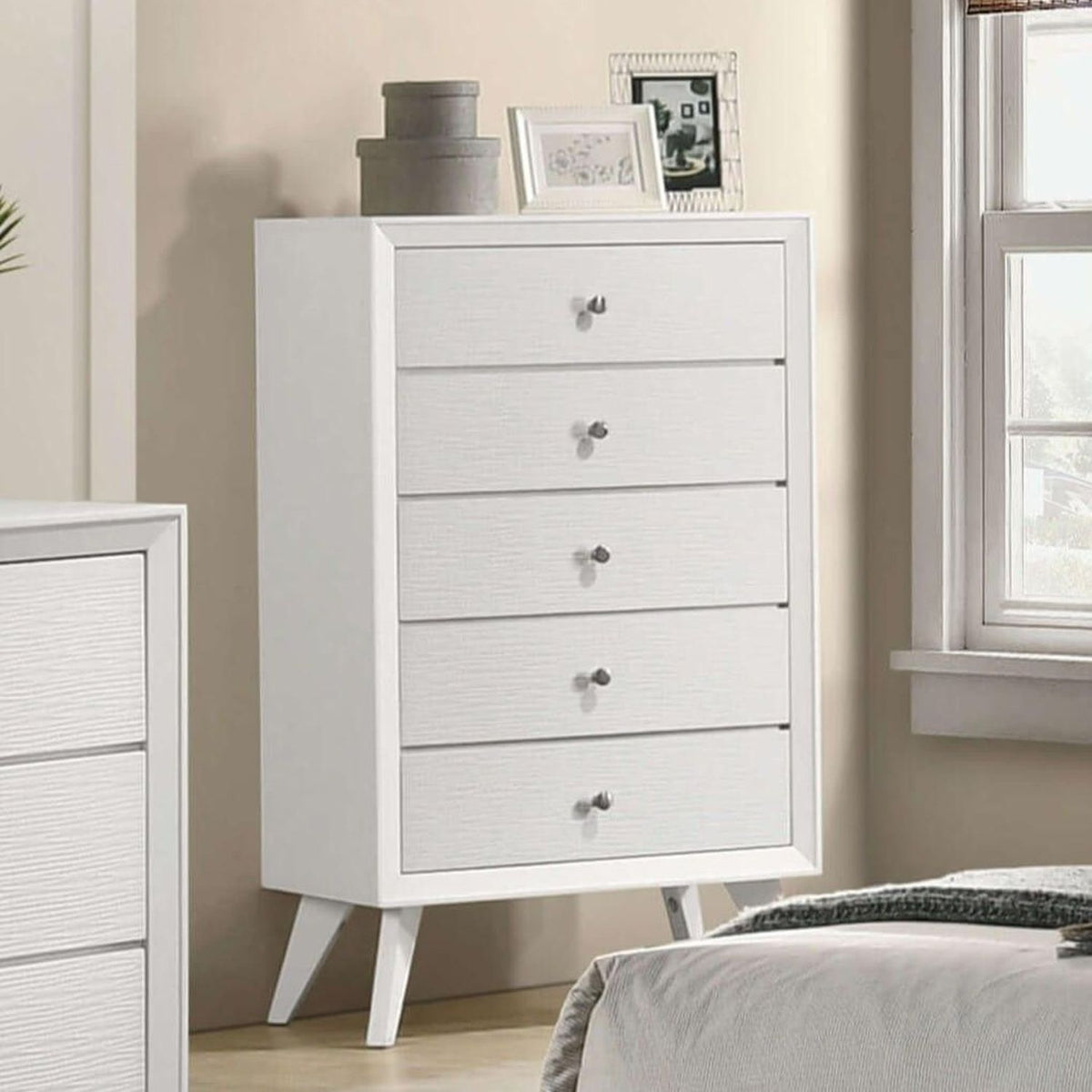 White wood accent chest with wave texture and angled legs, 5-drawer storage HouseOfZazla on Tampa Home & Garden Store