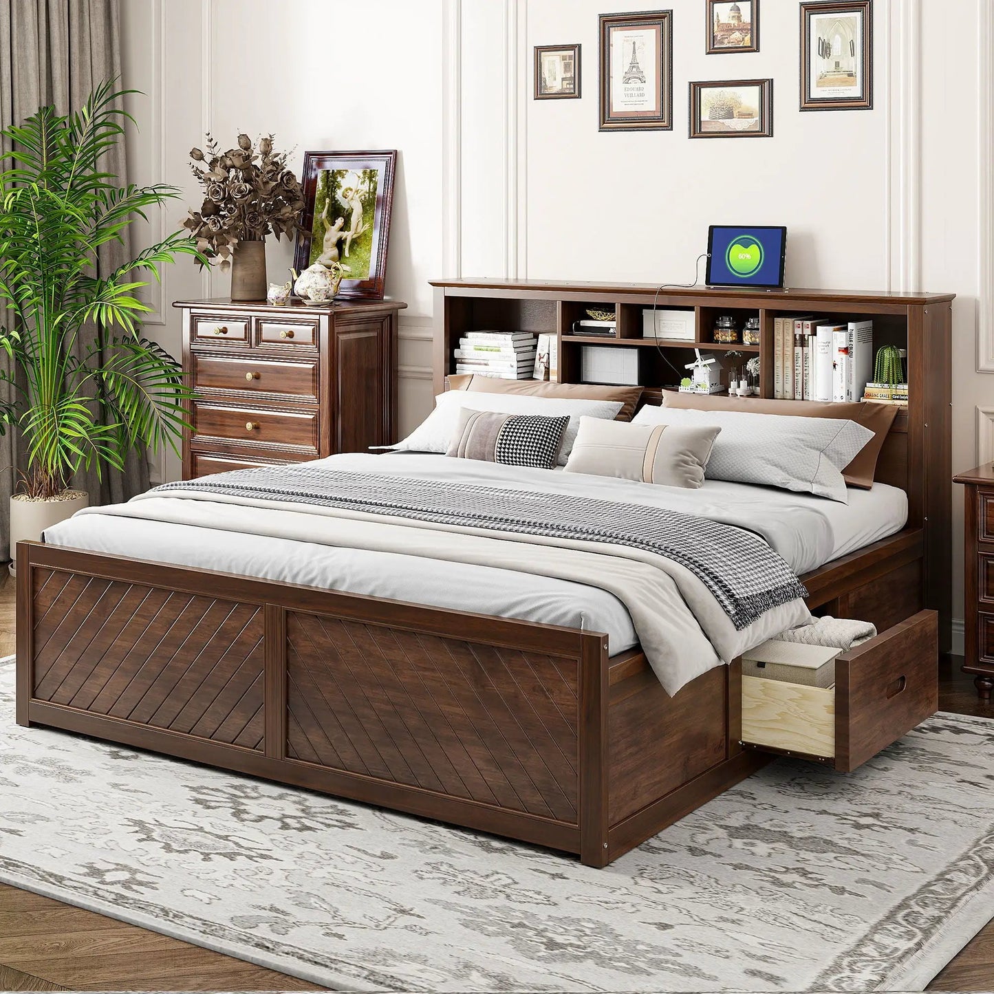 Platform Bed With Storage Headboard USB Drawers