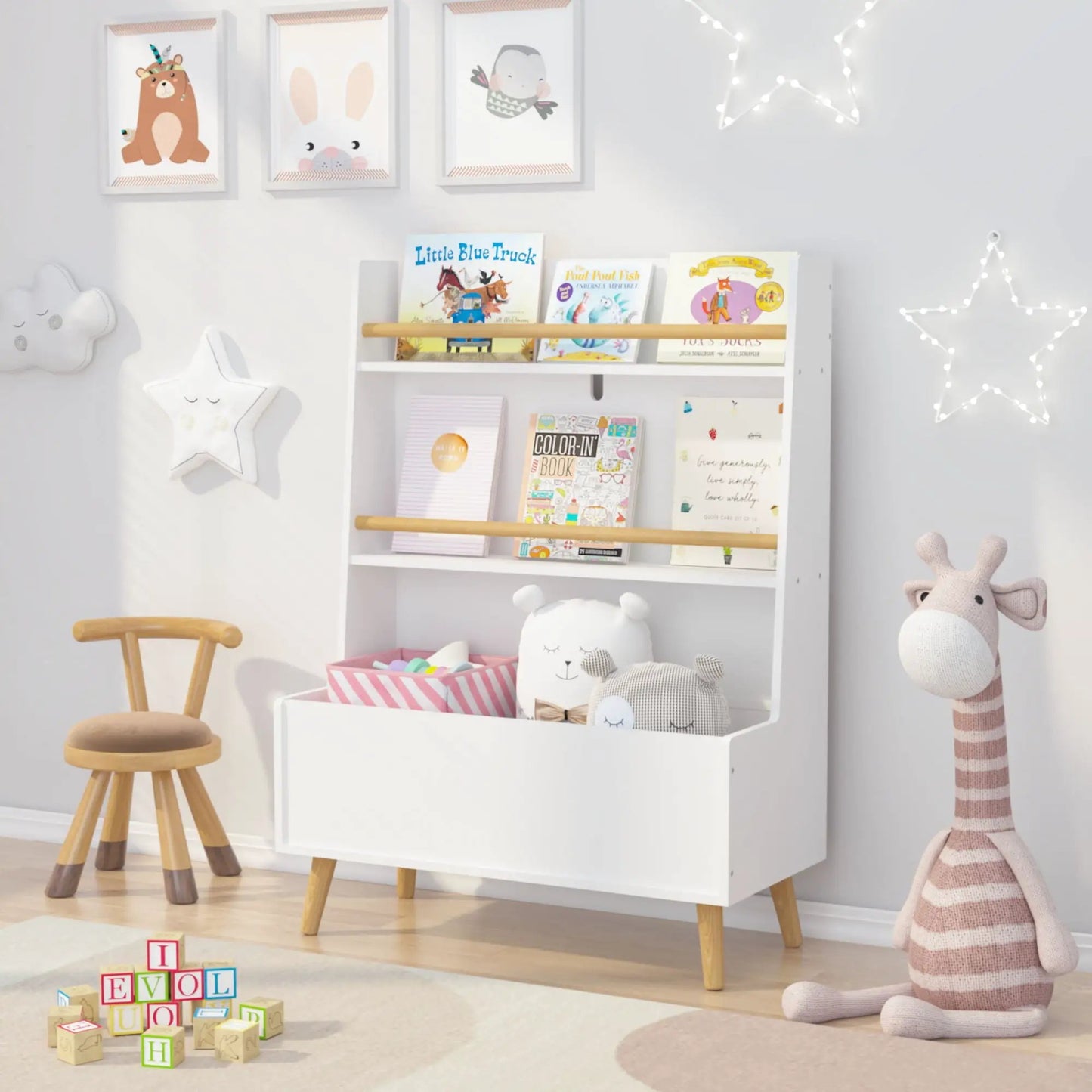 White bookshelf book organizer with toy storage and wooden rod on Tampa Home & Garden Store