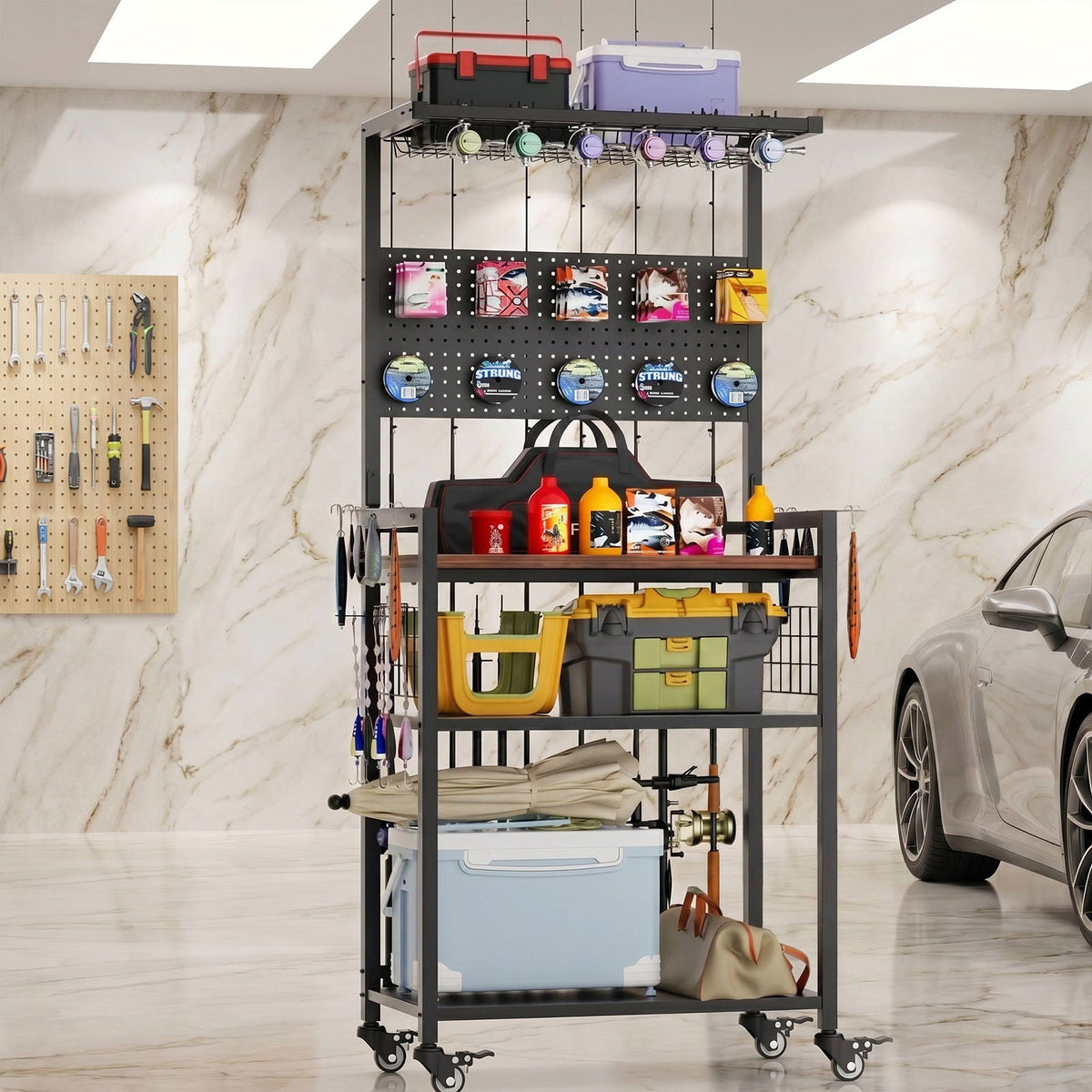 Fishing Rod Storage Rack with Pegboard and Cart, black steel cabinet by HouseOfZazla on Tampa Home & Garden Store