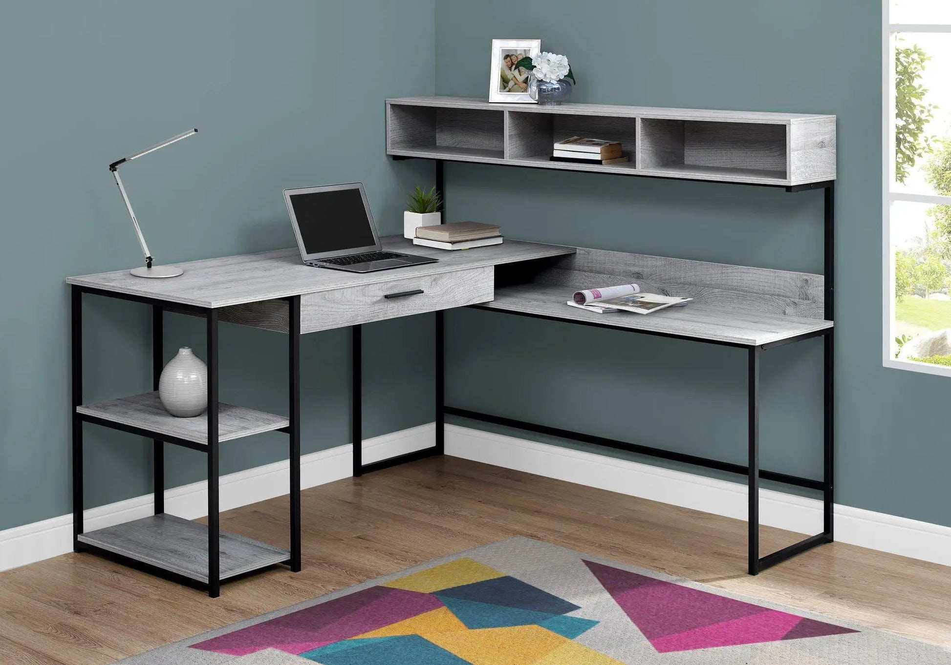 Corner desk with gray wood finish, upper cubbies, lower drawer, black metal frame on Tampa Home & Garden Store
