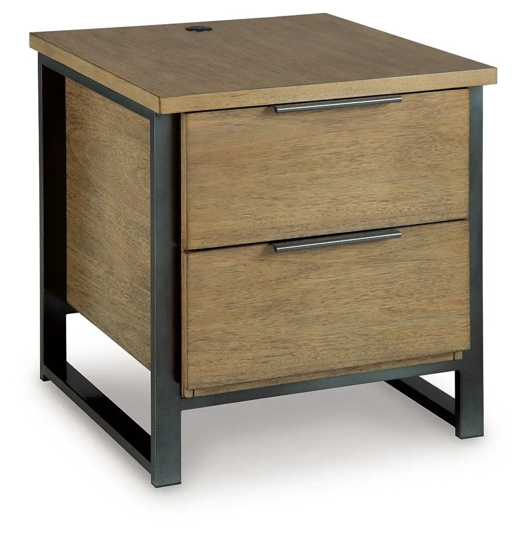 Montia 2-drawer cocktail table with oak finish, black metal frame on Tampa Home & Garden Store