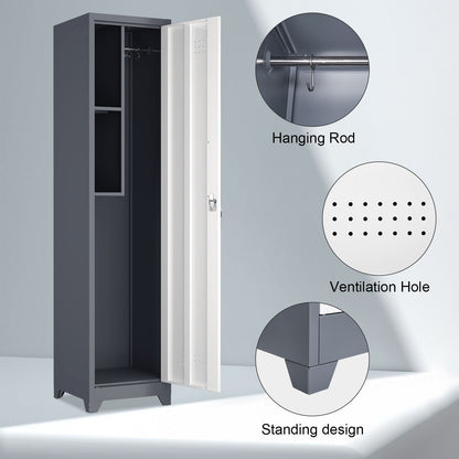 Broom storage cabinet narrow with hanging rod and hooks, gray with white door HouseOfZazla on Tampa Home & Garden Store