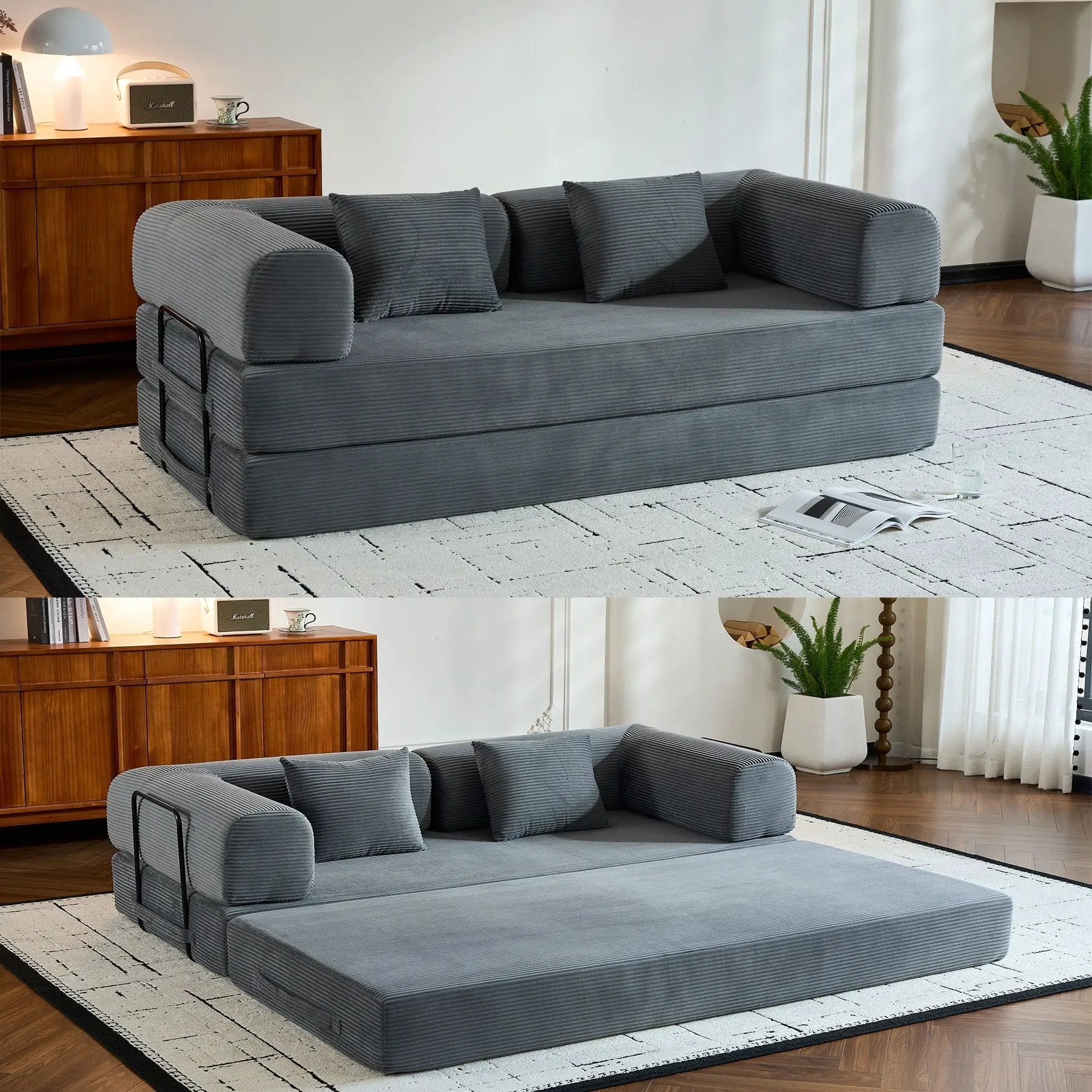 Convertible sleeper futon sofa in gray corduroy with cylindrical pillows on Tampa Home & Garden Store