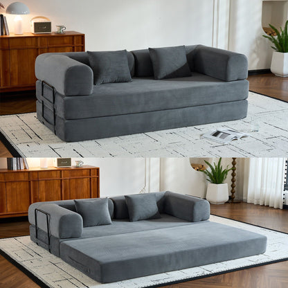 Convertible sleeper futon sofa with fixed shape frame and cylindrical pillow in grey corduroy on Tampa Home & Garden Store