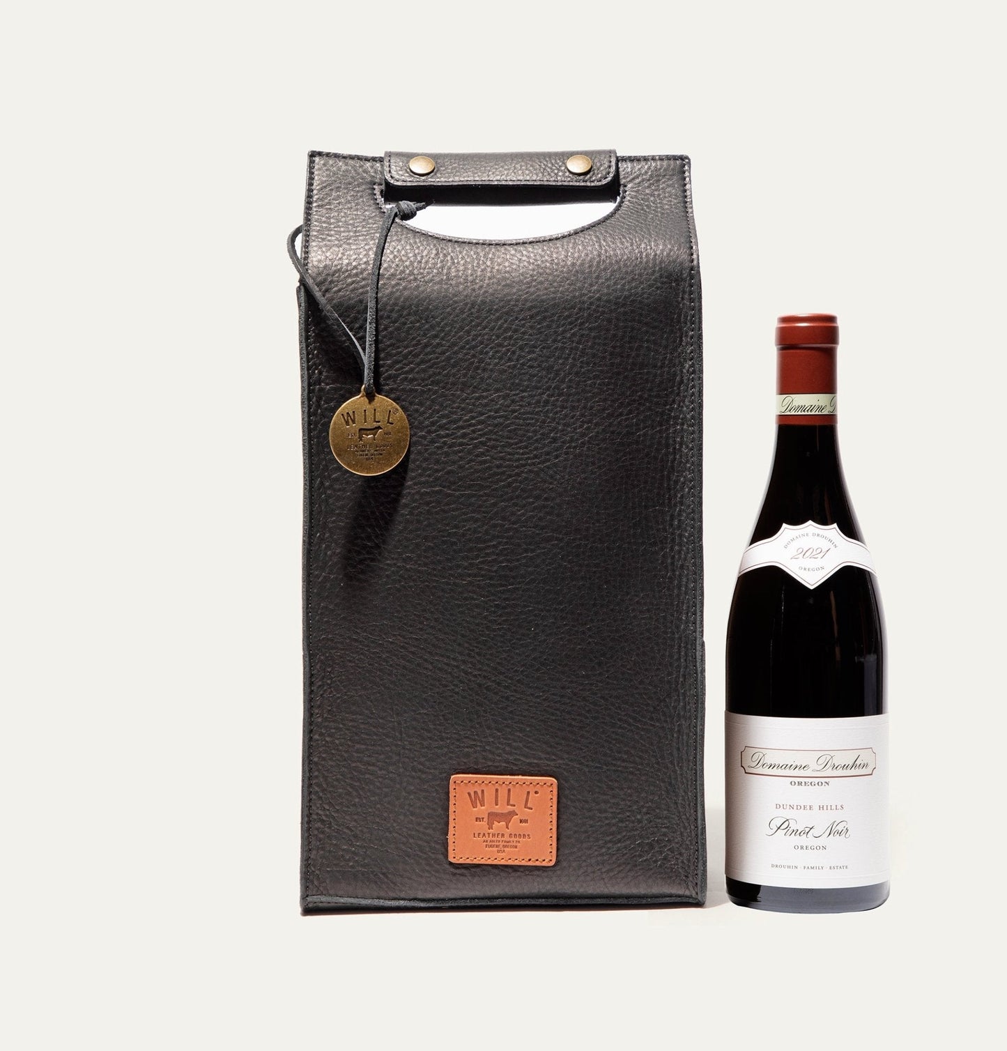 Double Leather Wine Case by Will Leather Goods in black textured leather with brass studs on Tampa Home & Garden Store