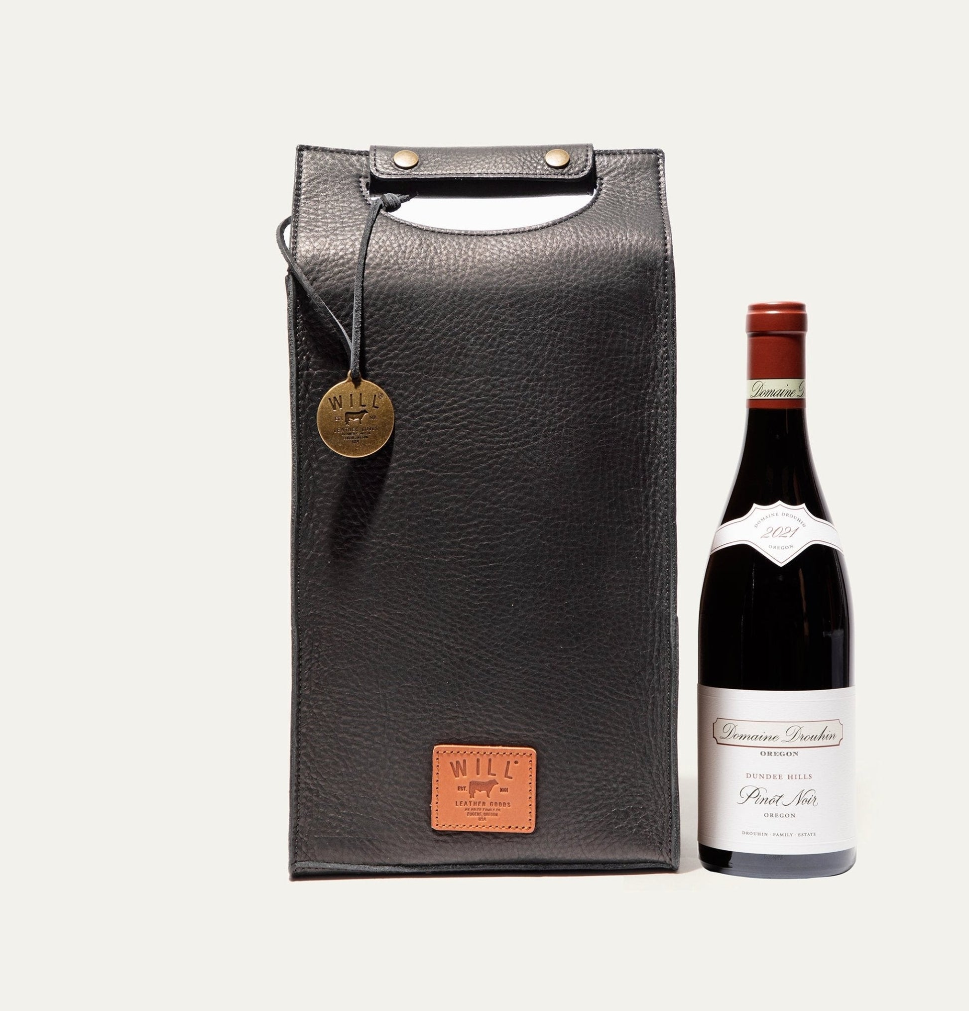 Double Leather Wine Case by Will Leather Goods in black textured leather with brass studs on Tampa Home & Garden Store