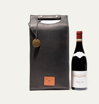 Double Leather Wine Case by Will Leather Goods in black textured leather with brass studs on Tampa Home & Garden Store