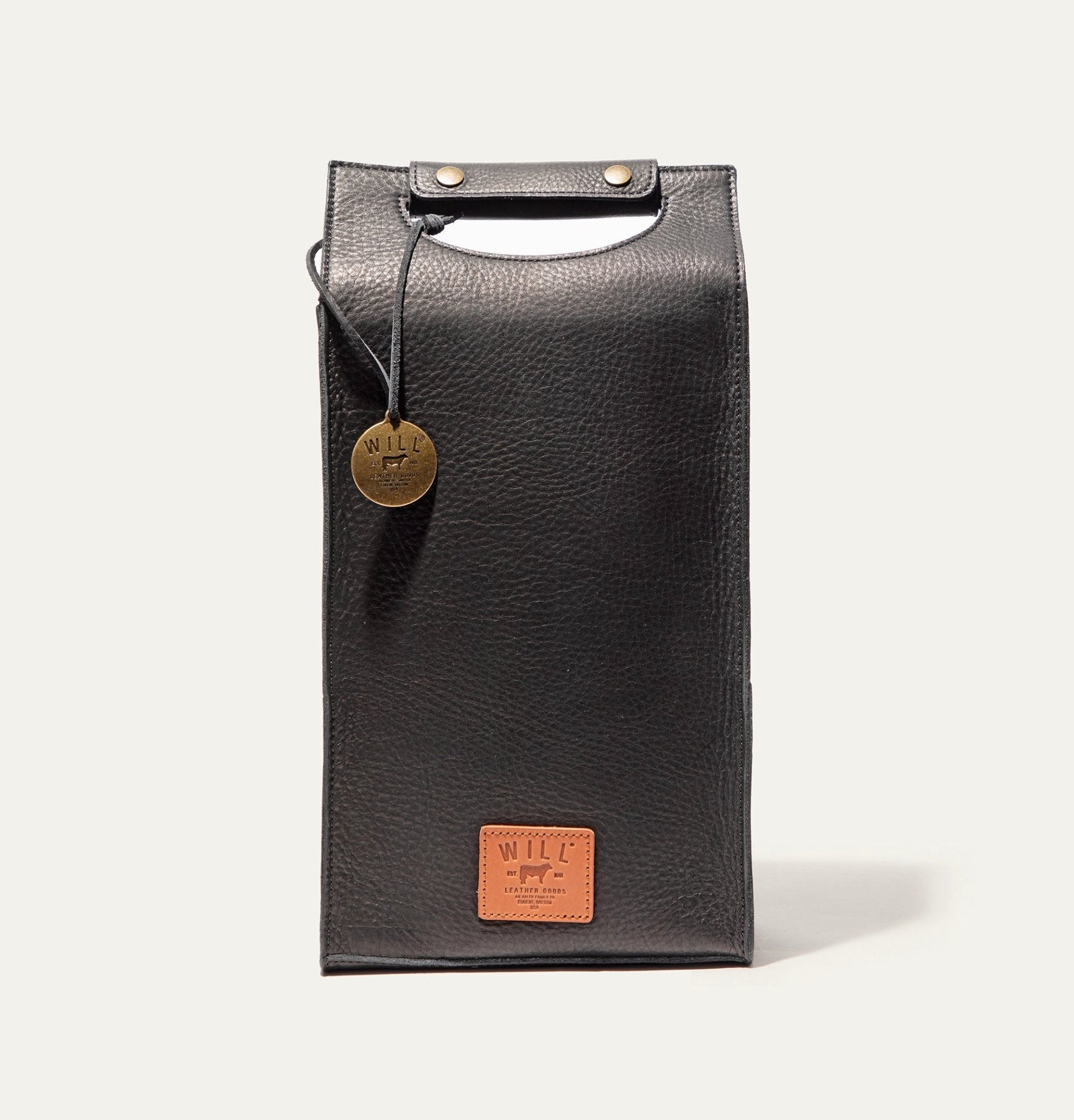 Double Leather Wine Case in black leather with handle and brass studs, Will Leather Goods tag on Tampa Home & Garden Store