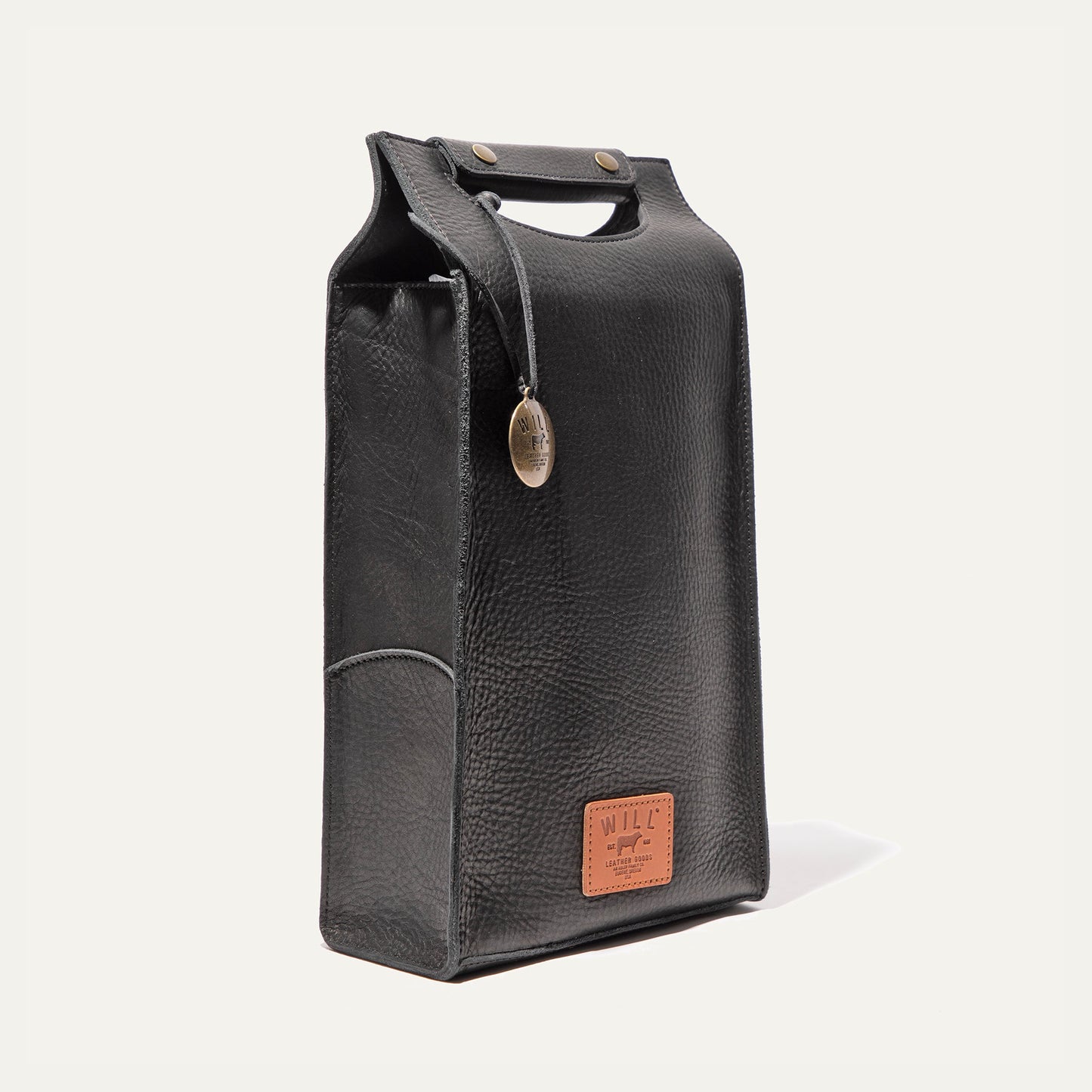 Double Leather Wine Case by Will Leather Goods in black pebbled leather with top handle on Tampa Home & Garden Store