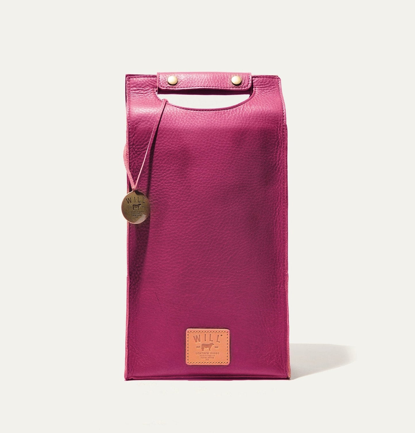 Double Leather Wine Case by Will Leather Goods in magenta leather with brass studs on Tampa Home & Garden Store