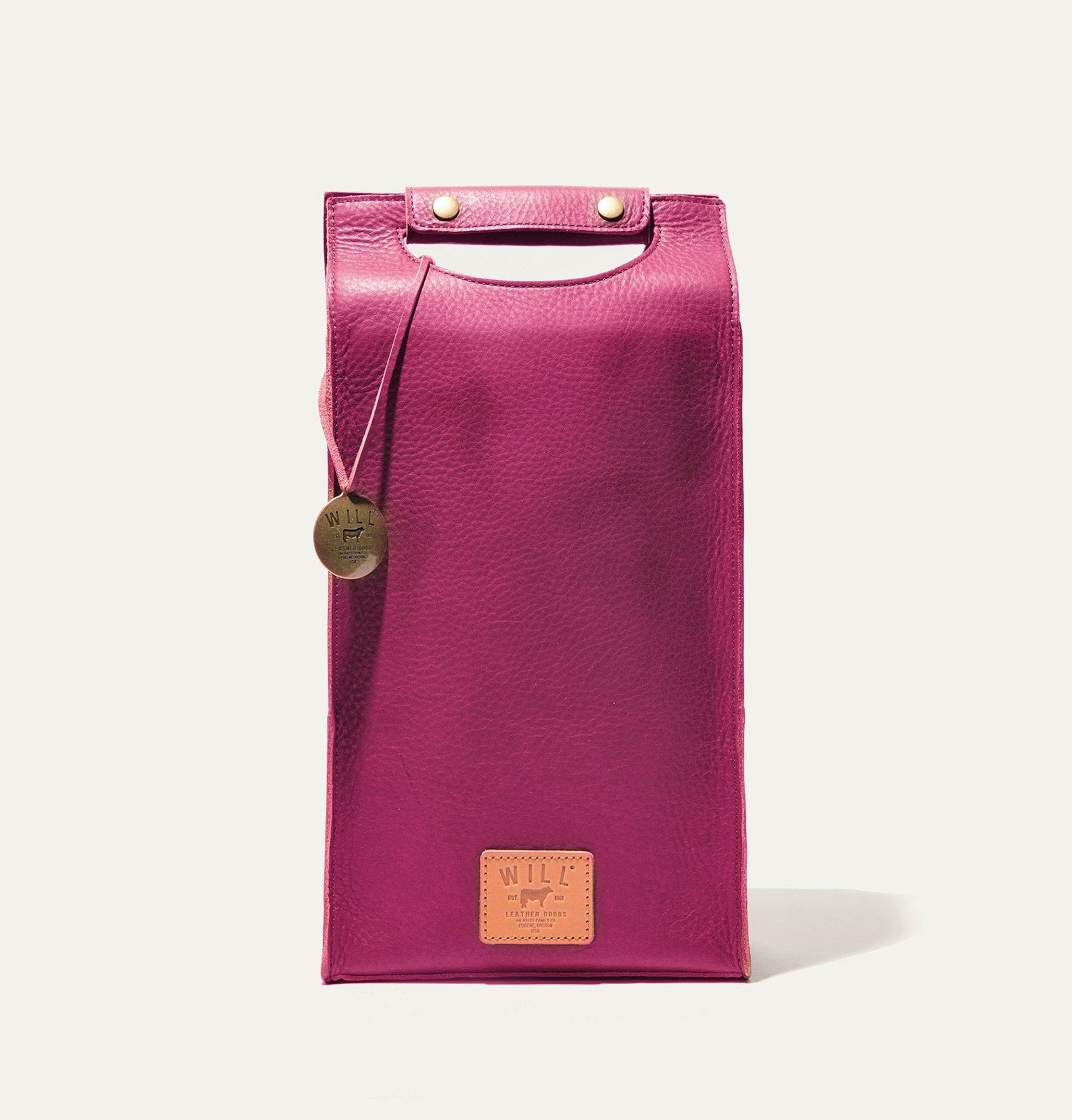 Double Leather Wine Case by Will Leather Goods in magenta leather with brass studs on Tampa Home & Garden Store