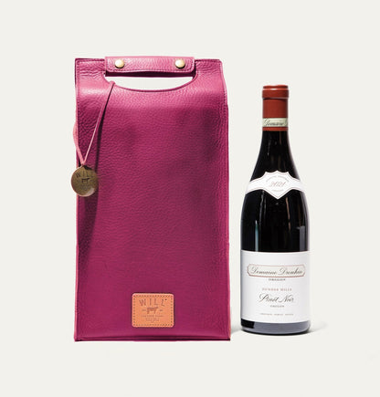 Double Leather Wine Case by Will Leather Goods, magenta pebble leather wine carrier on Tampa Home & Garden Store