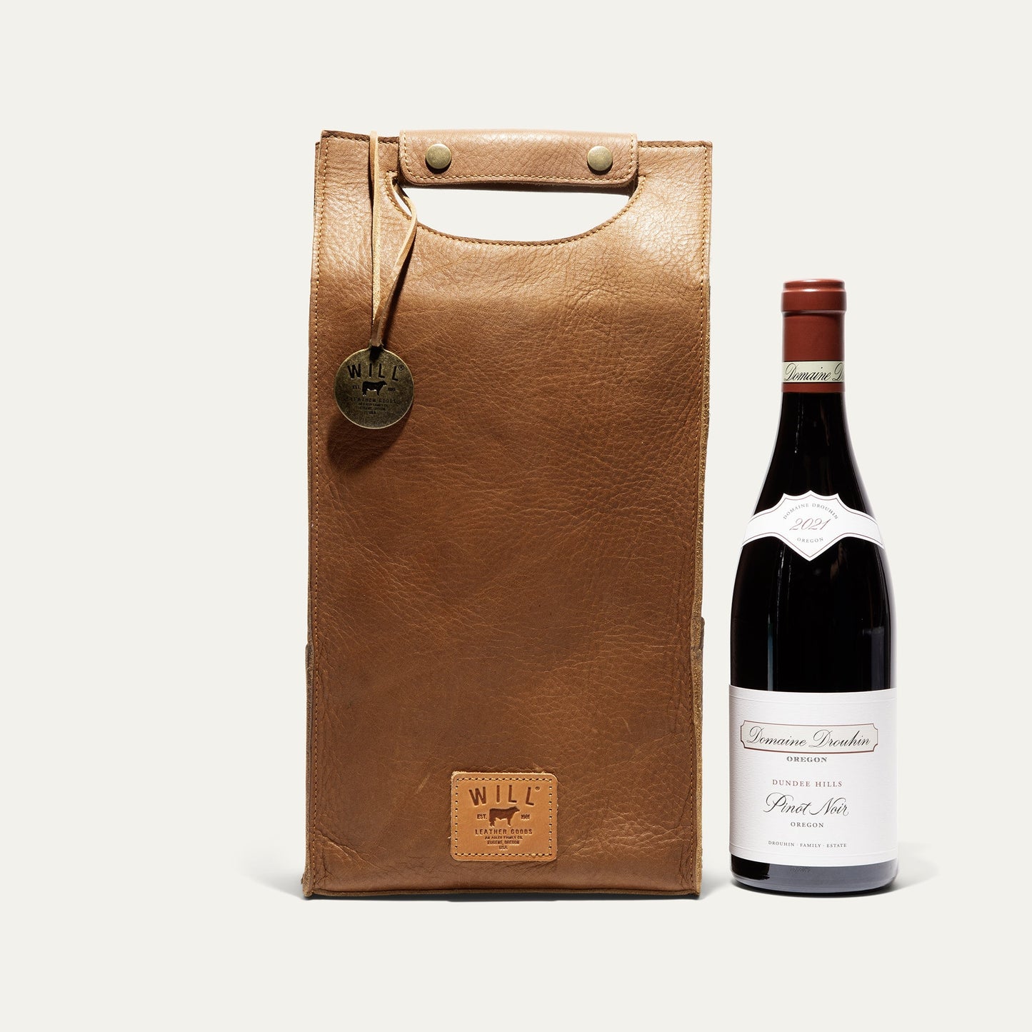 Double Leather Wine Case by Will Leather Goods; tan leather wine carrier with tag, 2 items on Tampa Home & Garden Store