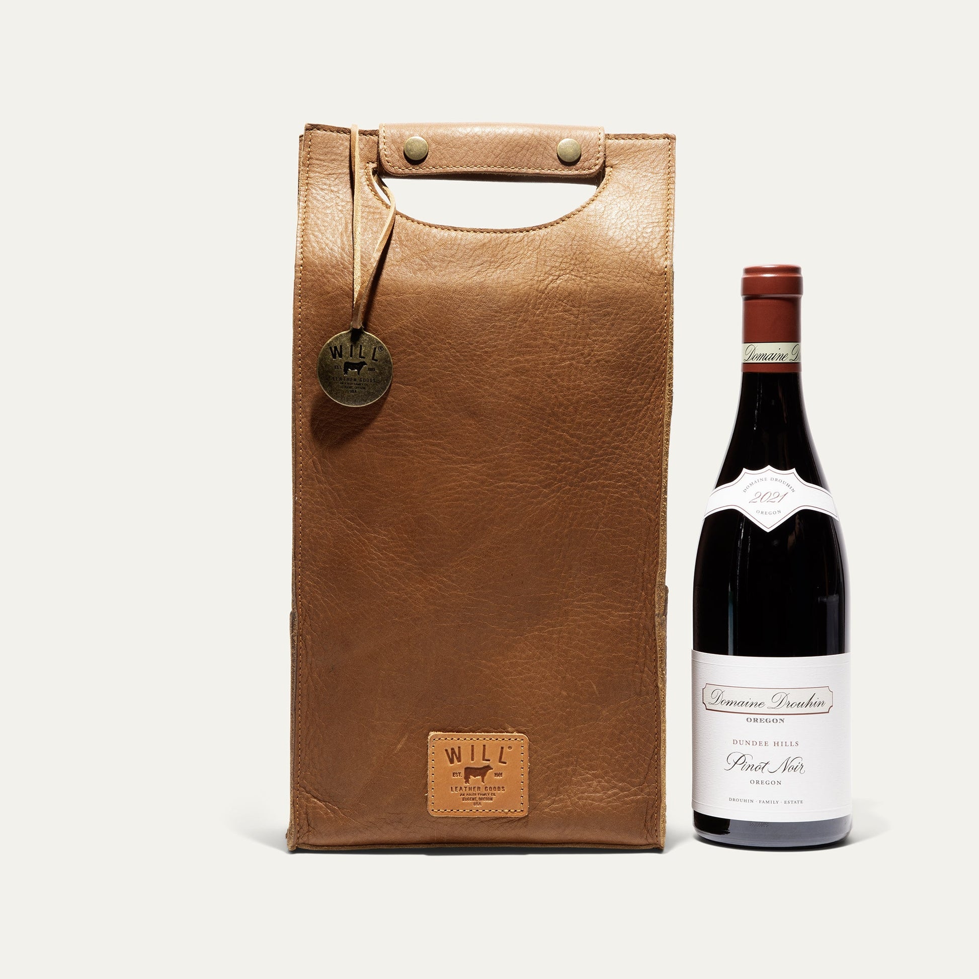 Double Leather Wine Case by Will Leather Goods; tan leather wine carrier with tag, 2 items on Tampa Home & Garden Store