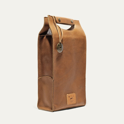 Will Leather Goods Double Leather Wine Case, tan leather with top handle, brass rivets, brand tag on Tampa Home & Garden Store