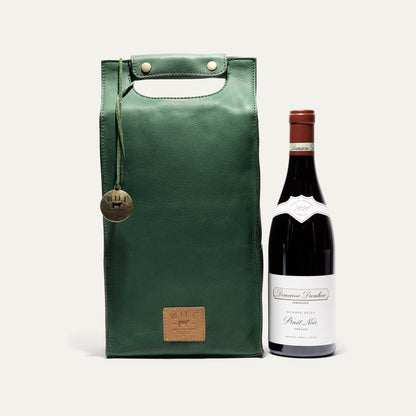 Double Leather Wine Case by Will Leather Goods in green leather with brass studs on Tampa Home & Garden Store