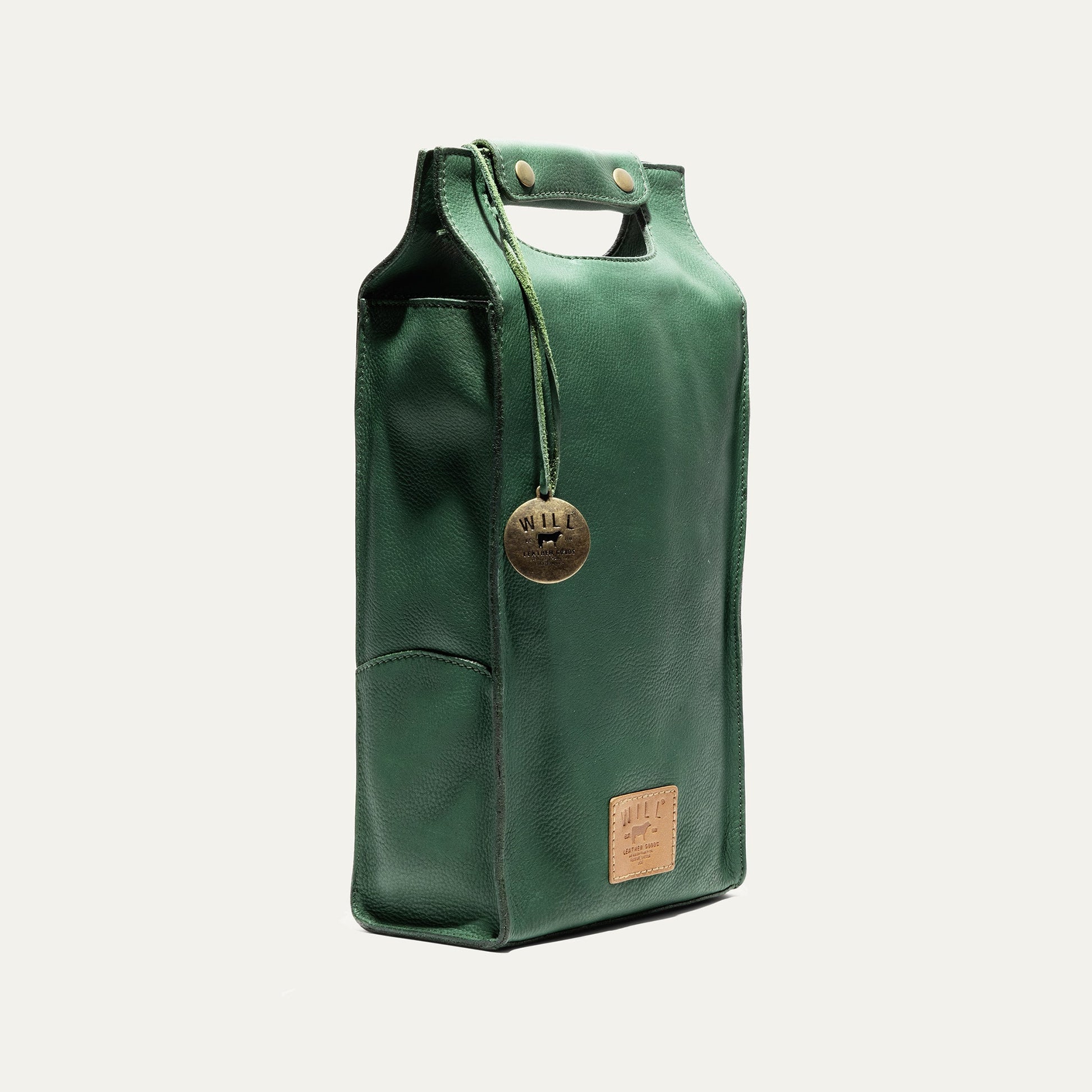 Double Leather Wine Case green leather wine carrier with Will Leather Goods tag on Tampa Home & Garden Store